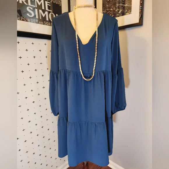 PINZIKO Long Sleeve Tunic Dress V Neck Casual Loose Flowy Swing Shift Dress M/L - Picture 14 of 14